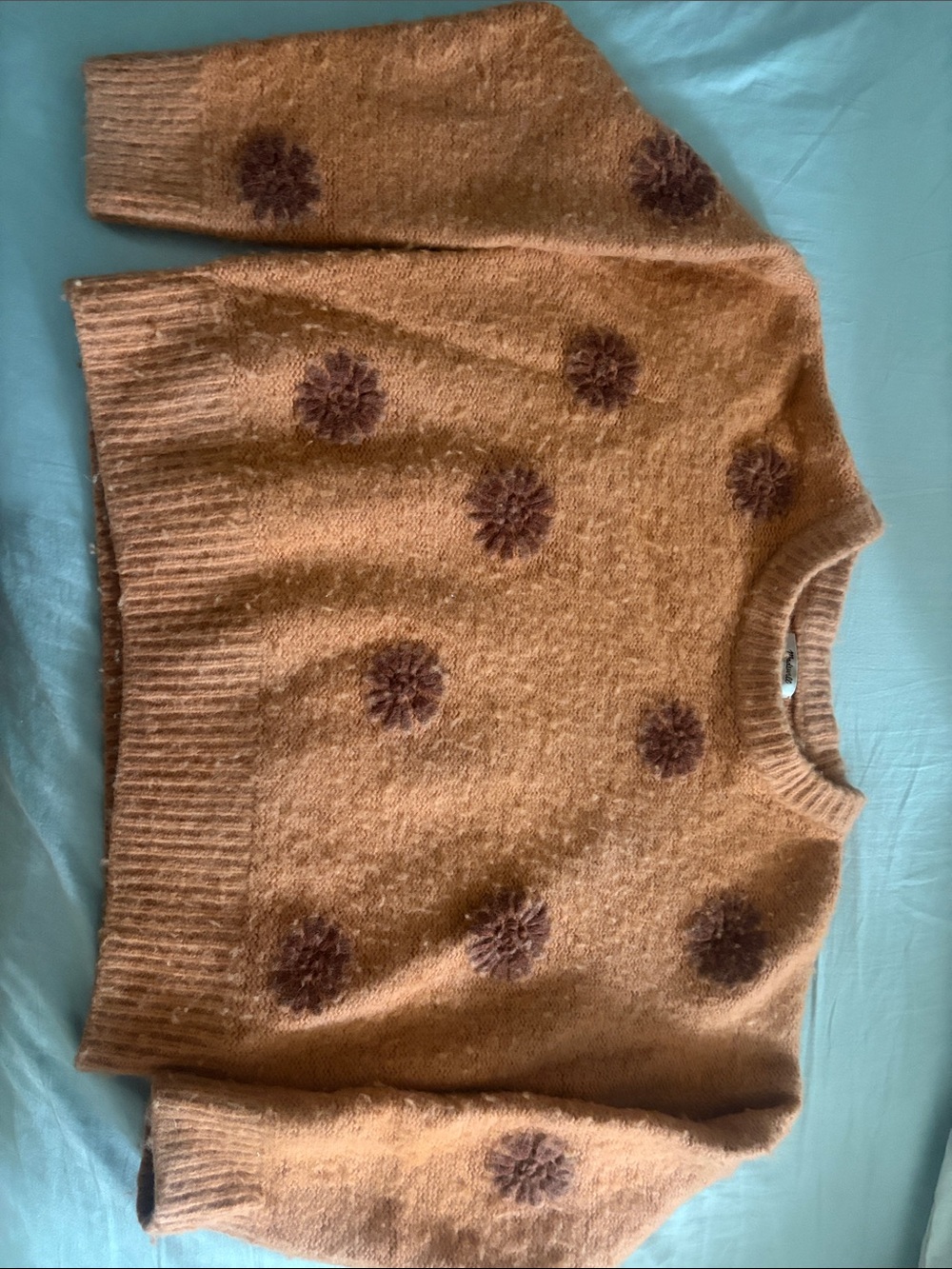 Madewell Camel Crewneck Sweater with Brown Pom Details